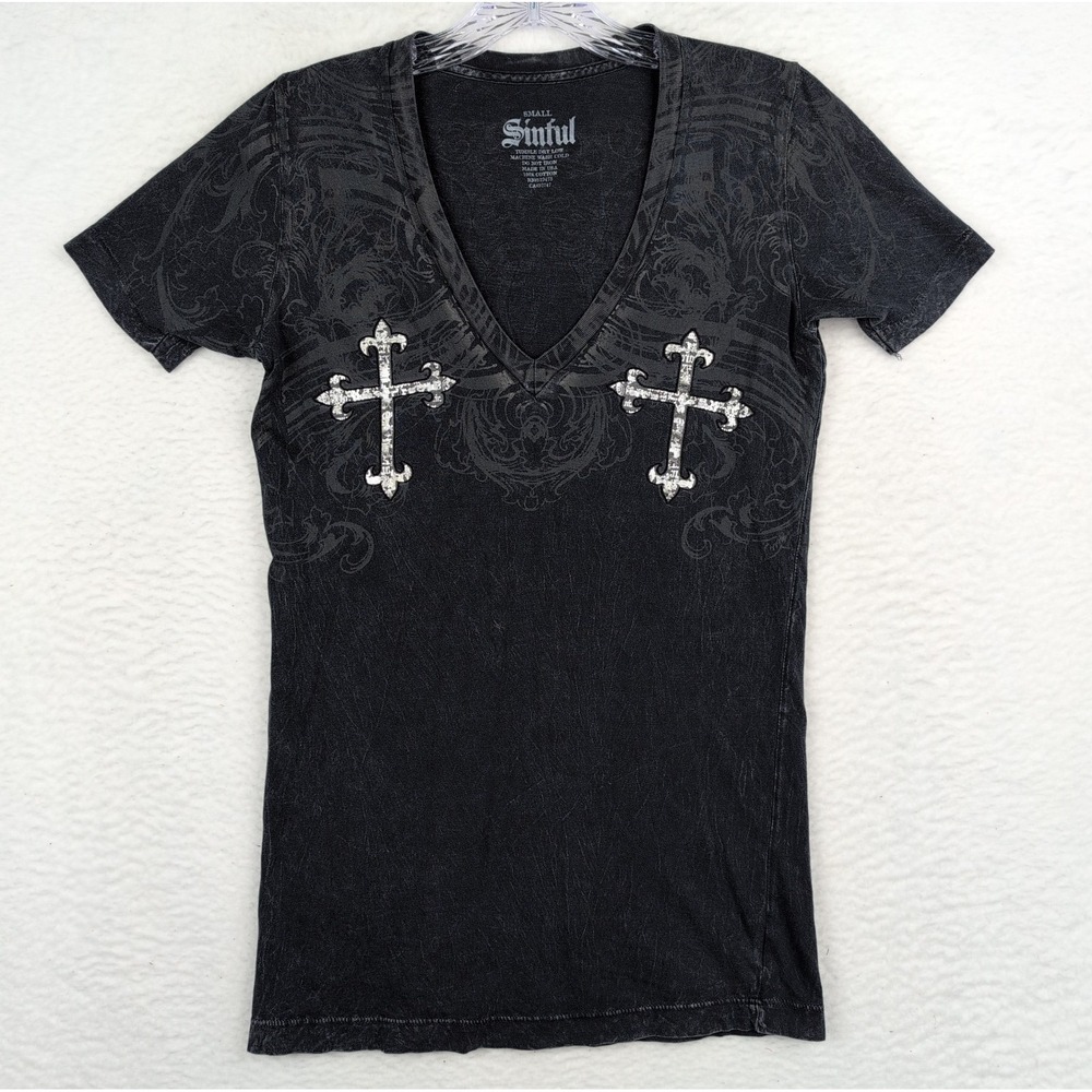 Sinful Womens Small Silver Accent Gothic Graphic T Shirt Y2K Gray Made USA